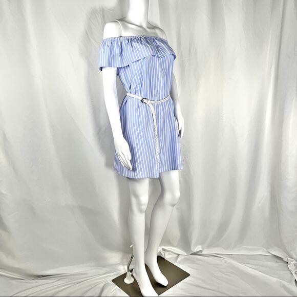 After Market Blue White Stripe Ruffle Off Shoulder Sleeveless Mini Dress SzS NWT - Picture 1 of 16